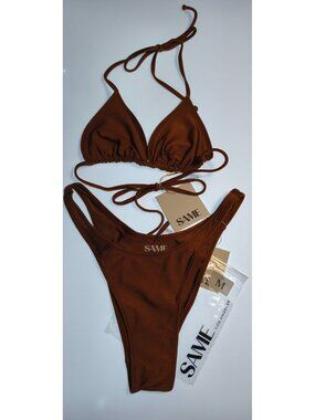 Same Los Angeles Bikini Set M Brown Faux Suede Triangle Tie High Cut NWT